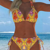Spalvingi bikinis su dizainu ant kaklo dirželiais