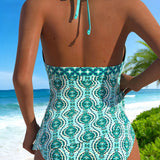 Tankini su etniniu raštu ir halter petnešėlėmis