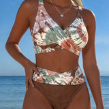 Bikinis su Gradientu ir Siuvinėjimu Spalvų Blokais