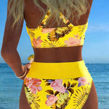 Bikinis su Gėlėtu Iškirpte ir Kontrastiniais Elementais