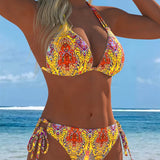Spalvingi bikinis su dizainu ant kaklo dirželiais