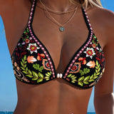 Dviejų dalių bikinis su etno gėlių raštais ir raišteliu aplink kaklą