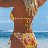 Spalvingi bikinis su dizainu ant kaklo dirželiais