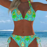 Spalvingi bikinis su dizainu ant kaklo dirželiais