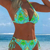 Spalvingi bikinis su dizainu ant kaklo dirželiais